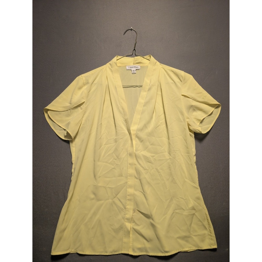 Calvin Klein Blouse Top Womens Small Yellow Pleated V-Neck Short Sleeve Casual